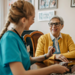 Senior talking to caregiver - QAL Care